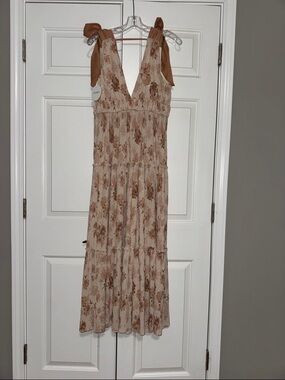 Storia Beige Floral Midi Dress with Brown Tie Straps